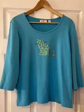 Quacker Factory Turquoise Sequin Cat Scoop Neck Top Cotton 3/4 Sleeve Bling